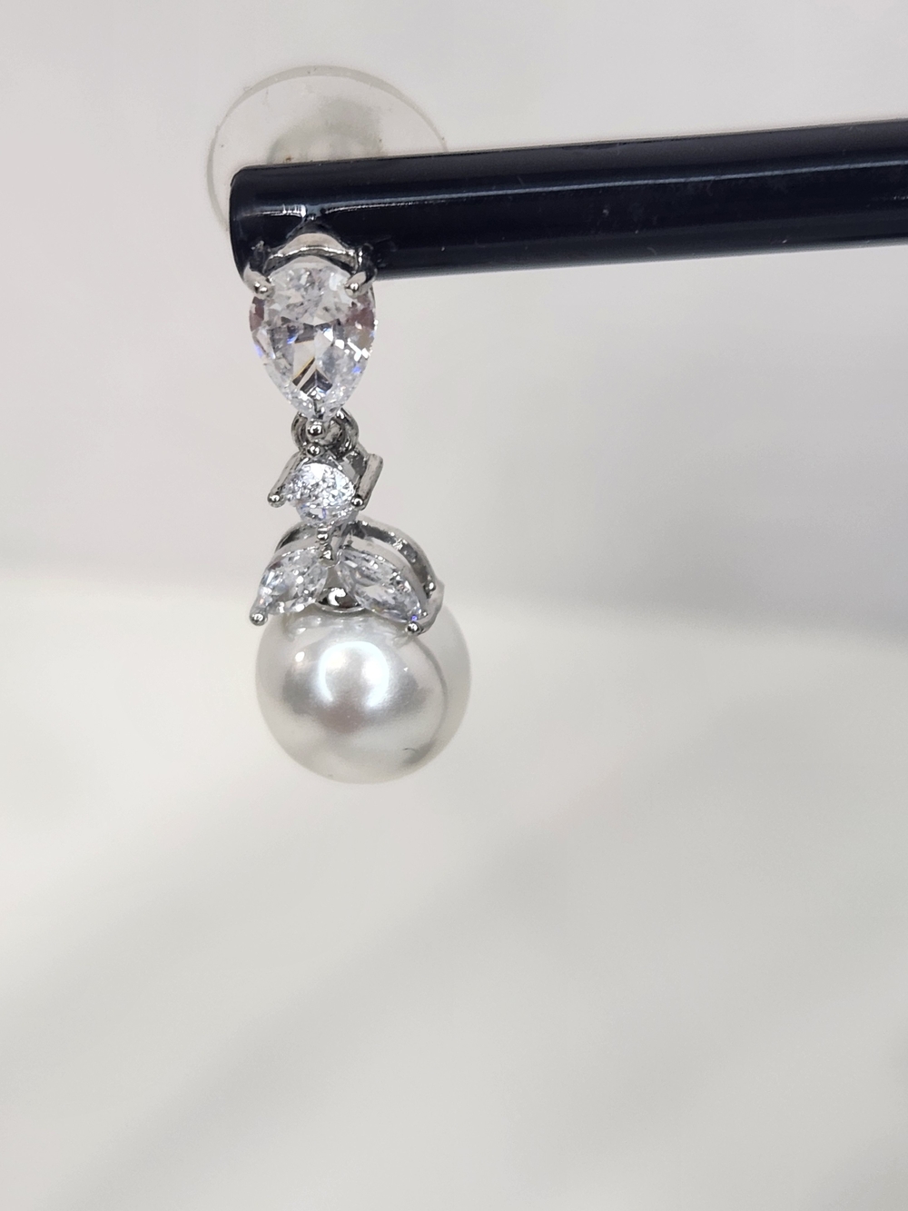 Classic White Pearl Drop Earrings with Clear Crystal Accents